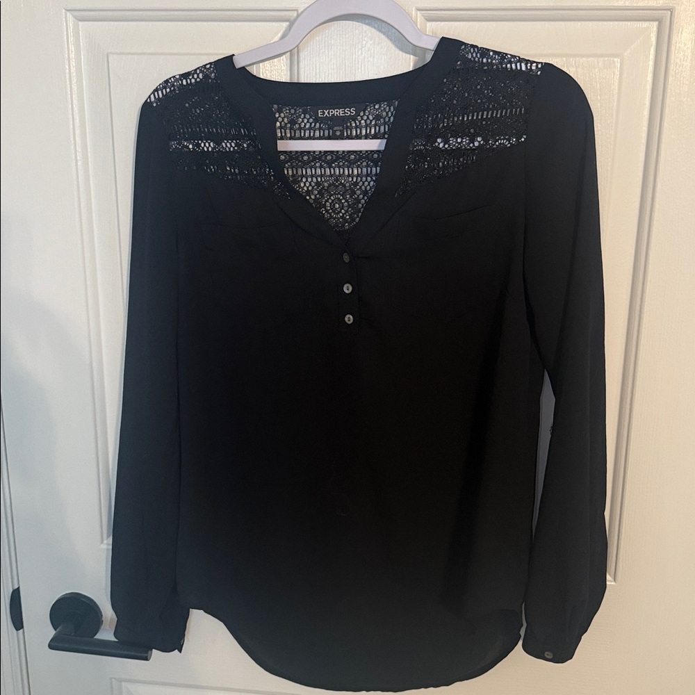 Express Black Collarless Button-Front Lace Detail Blouse Size XS